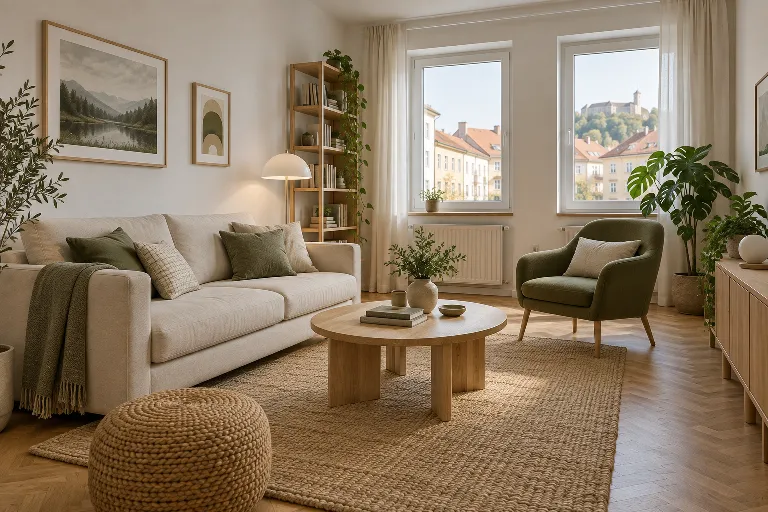 Primer dnevne sobe z nevtralnim pohištvom in olivnim naslanjačem.